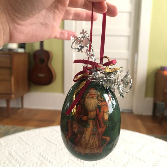 Vintage Father Christmas Reindeer Decoupage Egg Ornament Glossy Green 4" - Picture 1 of 9